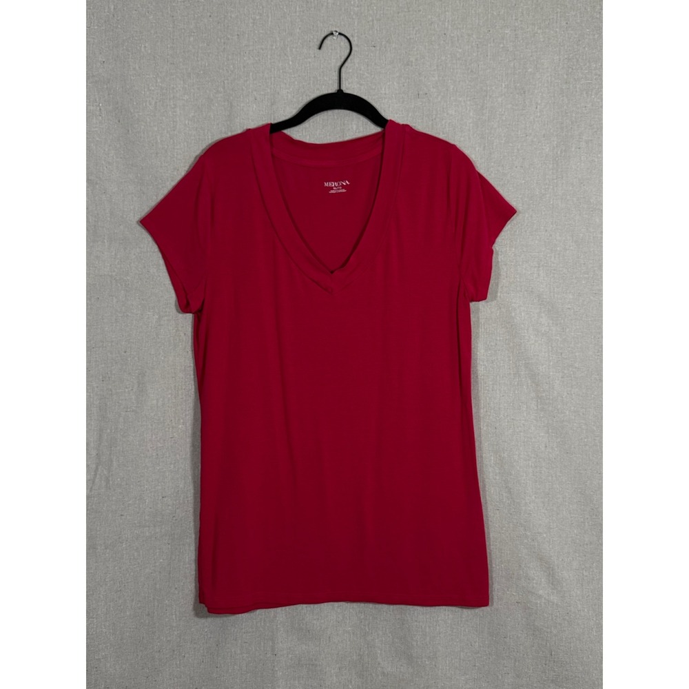 Merona Women Red V-Neck Short Sleeve T-Shirt Size XL Solid Basic Tee